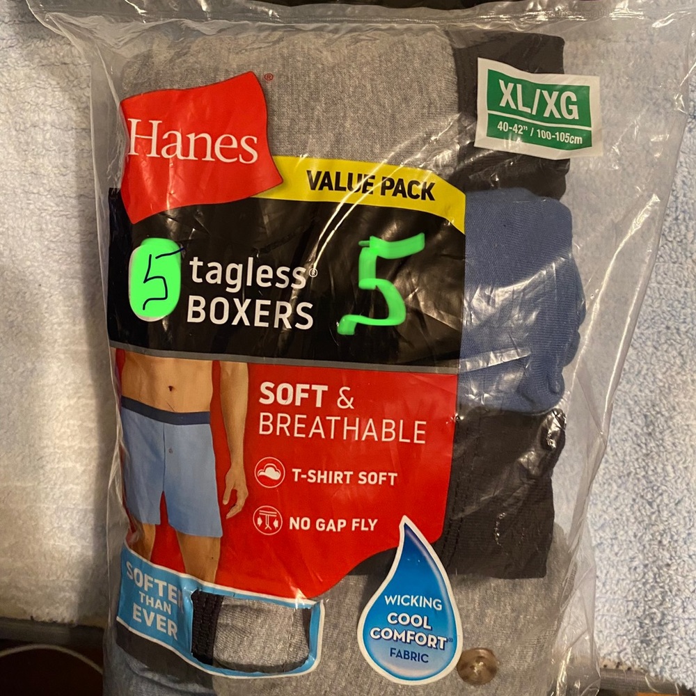 HANES TAGLESS BOXERS 5 Pair Size 40-42” XL NEW NEVER WORN